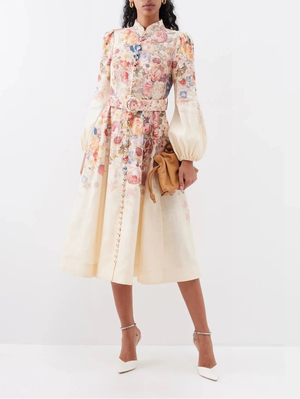Zimmermann Cream Floral-Print Midi Dress with Belt - Picture 3 of 16